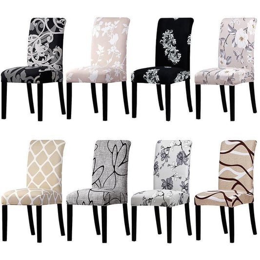 Conjunto de capas para cadeiras de jantar com diversas estampas florais e geométricas.