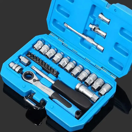Kit de ferramentas com jogo de soquetes e chave catraca em maleta azul