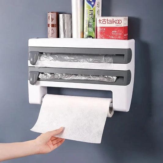 Organizador de parede para rolos de papel alumínio, plástico filme e papel toalha na cozinha.