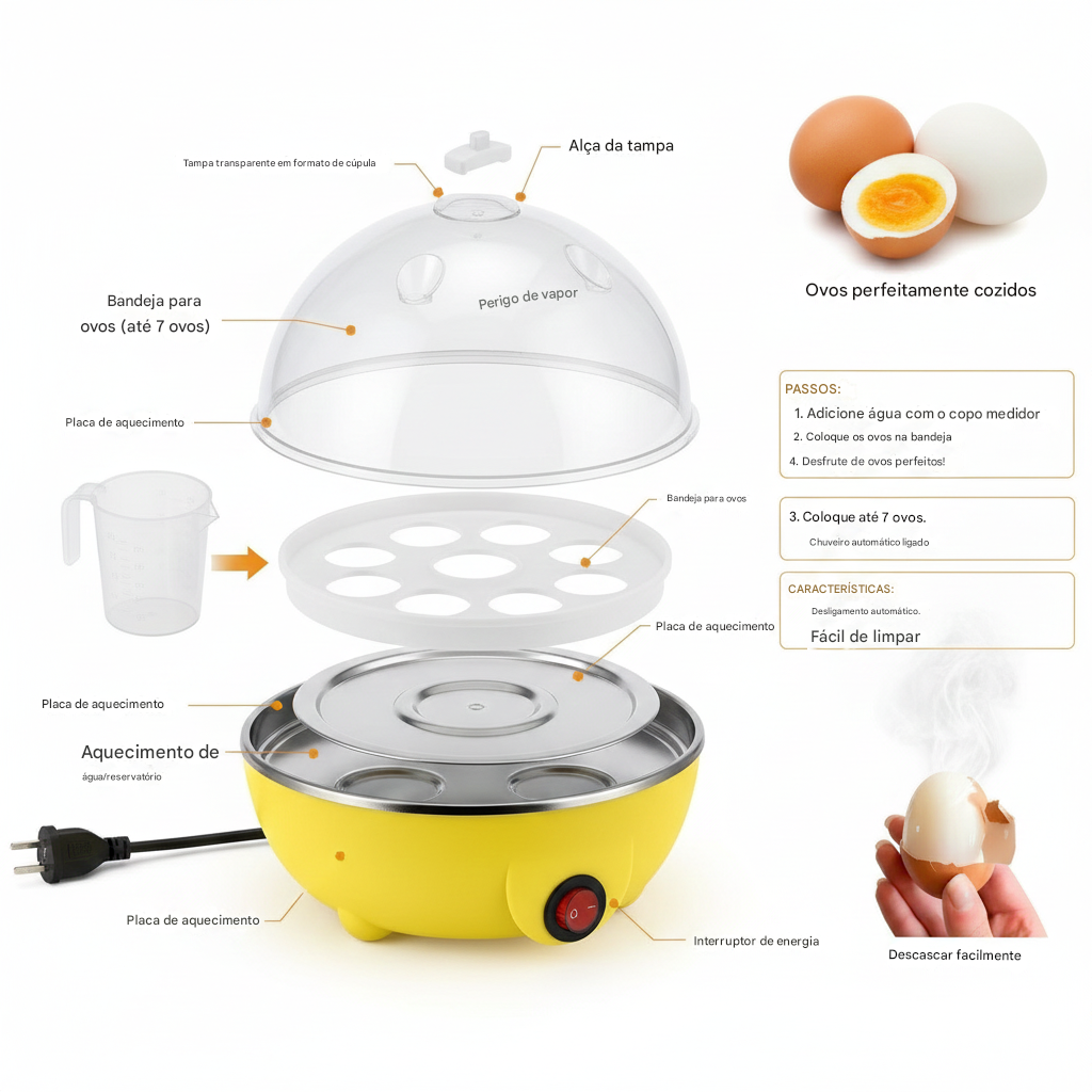 Cozedor De Ovos Portátil Elétrico Cozinha A Vapor