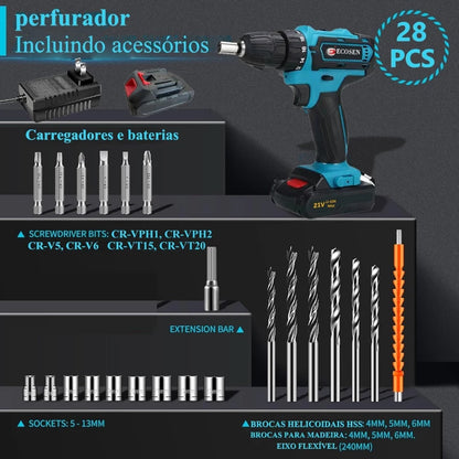 Kit Parafusadeira/Furadeira 28 Pcs + 2 Baterias Portáteis + Maleta De Brinde